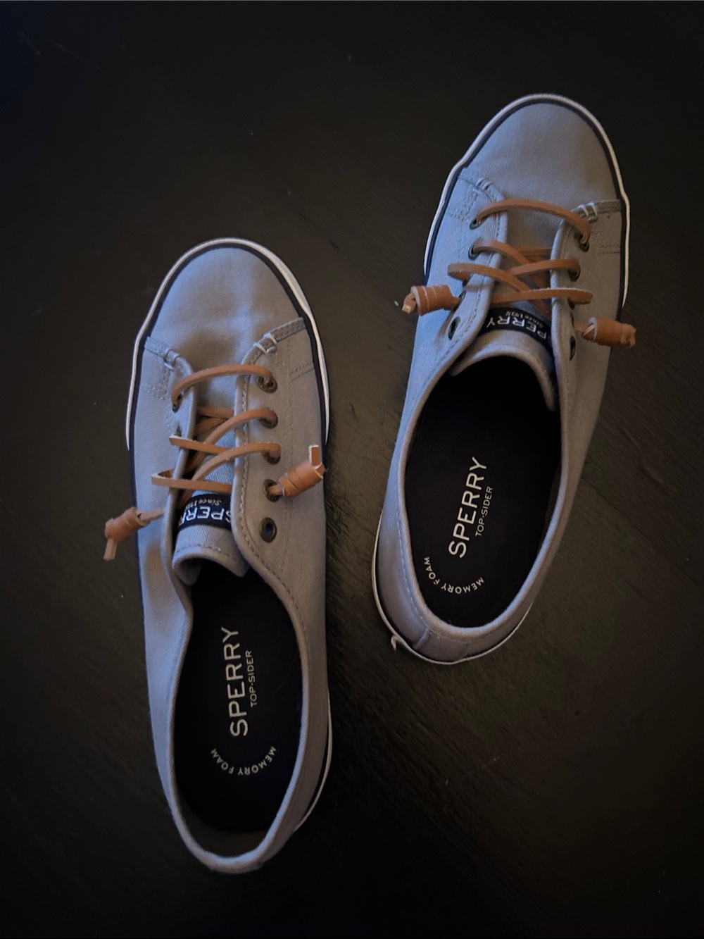 Sperry Light Gray Canvas Boat Sneakers with Brown Leather Laces